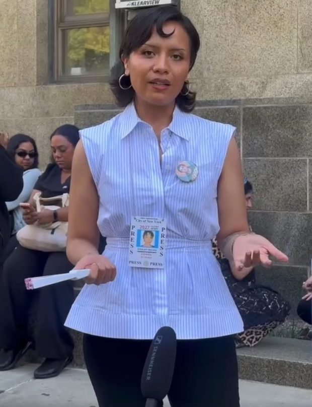 Luigi Mangione fan and credentialed media member Ashley Rojas speaks to the New York Daily News outside Manhattan Criminal Court on Monday, May 18, 2026, in New York City. 
