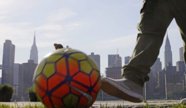 soccer ball with nyc skyline