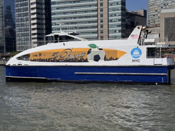 The ferry “Flyer” has been customized with a wrapper celebrating soccer and the Bronx for the duration of the summer. Photo: NYCEDC