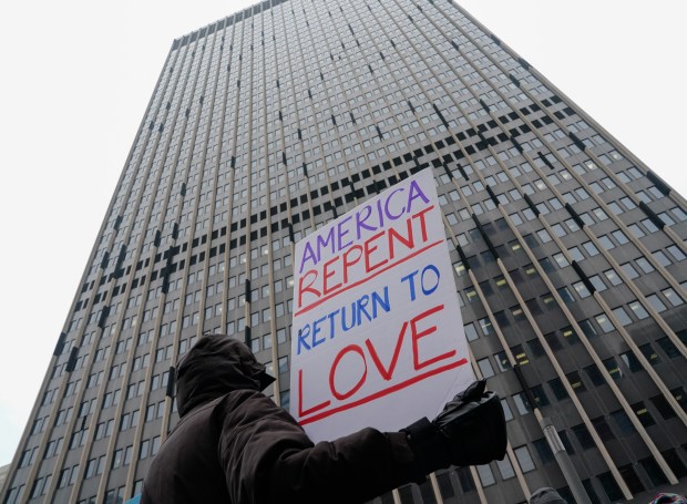 Religious leaders and New Yorkers protest outside the Jacob K. Javits Federal Building calling for repentance and moral accountability in response to ICE's alleged inhumane practices Wednesday, Feb. 18, 2026 in Manhattan, New York. (Barry Williams/ New York Daily News)