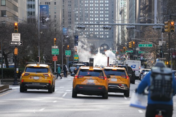 Congestion pricing signs welcome drivers on Park Ave. in the 60's looking south.