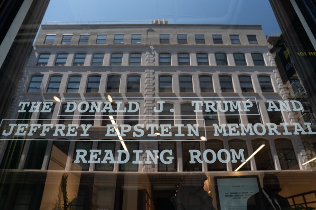 A sign is pictured for the "The Donald J. Trump and Jeffrey Epstein Reading Room before the reading from the 3,747 bound volumes of publicly released Epstein files at the Reading Room in Tribeca Monday, May 18, 2026 in Manhattan, New York. (Barry Williams/ New York Daily News)