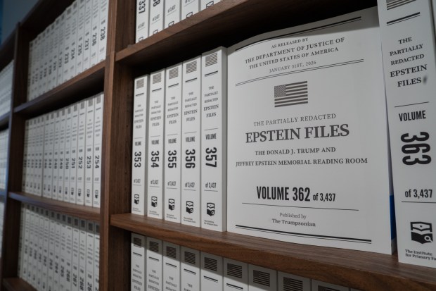 Some of the 3,747 bound volumes of Epstein files released by the Department of Justice are pictured at the Reading Room in Tribeca Monday, May 18, 2026 in Manhattan, New York. (Barry Williams/ New York Daily News)