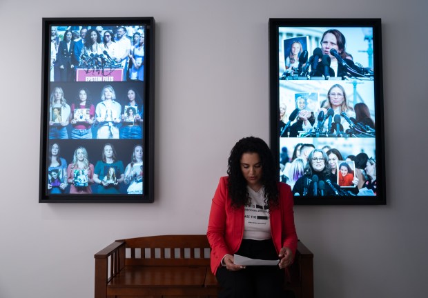 Epstein victim Sharlene Rochard goes over notes before the reading from some the 3,747 bound volumes of publicly released Epstein files at the Reading Room in Tribeca Monday, May 18, 2026 in Manhattan, New York. (Barry Williams/ New York Daily News)
