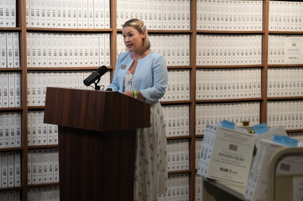 Epstein victim Dani Bensky reads from some the 3,747 bound volumes of publicly released Epstein files at the Reading Room in Tribeca Monday, May 18, 2026 in Manhattan, New York. The 24-hour live stream of people reading from the Jeffrey Epstein files was produced by Save America Movement. (Barry Williams/ New York Daily News)