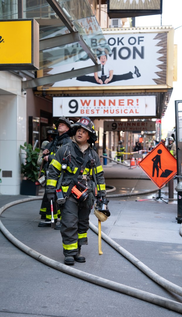FDNY firefighters respond to a fire in the Eugene O'Neil Theatre where "The Book of Mormon' performs Monday, May 4, 2026 in Manhattan, New York. (Barry Williams/ New York Daily News)