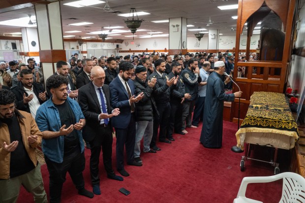 Mayor Zohran Mamdani joins family and community members as they pray during the funeral for bodega worker Abdul Saleh Thursday, April 30, 2026, in Brooklyn, New York. (Barry Williams/ New York Daily News)