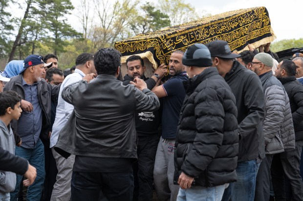 The casket of bodega worker Abdul Saleh is carried to a grave in Marlboro Muslim Cemetery Thursday, April 30, 2026 in Morganville, New Jersey. (Barry Williams/ New York Daily News)