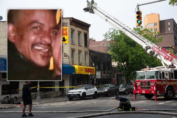 Oreste Deleon (inset) was one of three people killed when an arsonist allegedly set fire to de Leon's Bronx building on 3rd Ave. near E. 140th St. on Wednesday, May 6, 2026. (Gardiner Anderson / New York Daily News; GoFundMe)
