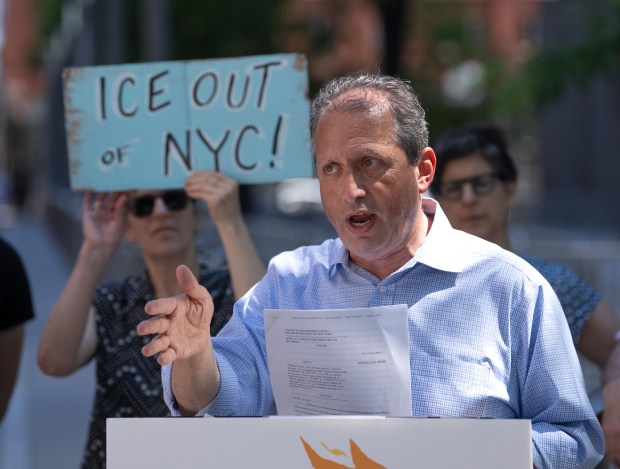 Brad Lander speaks outside Jacob Javits Federal Building.