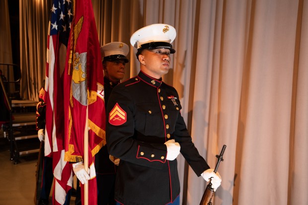 A Marine Corps honor guard waits to present the National colors during the annual Memorial Day commemoration ceremony at the Intrepid Museum Monday, May 25, 2026 in Manhattan, New York. (Barry Williams/ New York Daily News)
