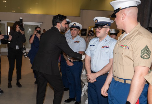 Mayor Zohran Mamdani greets military personnel before the annual Memorial Day commemoration ceremony at the Intrepid Museum Monday, May 25, 2026 in Manhattan, New York. (Barry Williams/ New York Daily News)