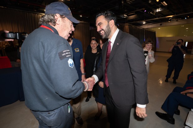 Mayor Zohran Mamdani, right, greets military personnel before the annual Memorial Day commemoration ceremony at the Intrepid Museum Monday, May 25, 2026 in Manhattan, New York. (Barry Williams/ New York Daily News)