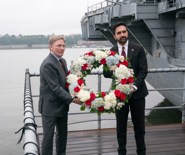 Mayor Zohran Mamdani and Ken Fisher, Co-Chairman, Intrepid Museum, pose for a photo before laying a wreath during the annual Memorial Day commemoration at the Intrepid Museum ceremony Monday, May 25, 2026 in Manhattan, New York. (Barry Williams/ New York Daily News)