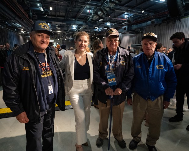 New York City Council Speaker Julie Menin poses with veterans at the Intrepid Museum during the annual Memorial Day commemoration ceremony Monday, May 25, 2026 in Manhattan, New York. (Barry Williams/ New York Daily News)