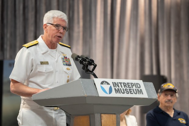 Admiral Karl Thomas, Commander United States Fleet Forces Command, speaks during the annual Memorial Day commemoration ceremony at the Intrepid Museum Monday, May 25, 2026 in Manhattan, New York. (Barry Williams/ New York Daily News)