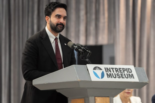 Mayor Zohran Mamdani speaks during the annual Memorial Day commemoration ceremony at the Intrepid Museum Monday, May 25, 2026 in Manhattan, New York. (Barry Williams/ New York Daily News)