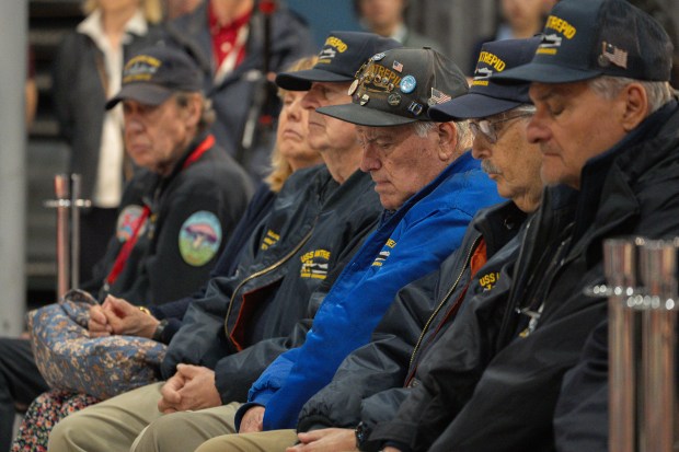U.S.S. Intrepid veterans listen to Mayor Zohran Mamdani speak during the annual Memorial Day commemoration ceremony at the Intrepid Museum Monday, May 25, 2026 in Manhattan, New York. (Barry Williams/ New York Daily News)