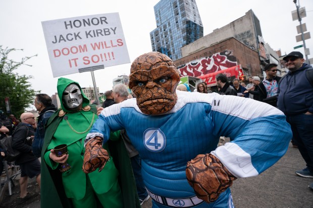 A fan dressed as performs before a street renaming for Jack Kirby Way at Essex St. and Delancey St. Monday, May 11, 2026 in Manhattan, New York. (Barry Williams/ New York Daily News)