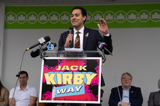 New York City Council Member Christopher speaks during a street renaming for Jack Kirby Way at Essex St. and Delancey St. Monday, May 11, 2026 in Manhattan, New York. (Barry Williams/ New York Daily News)
