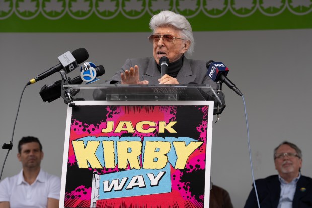 Legendary Marvel artist and writer Jim Steranko speaks during a street renaming for Jack Kirby Way at Essex St. and Delancey St. Monday, May 11, 2026 in Manhattan, New York. (Barry Williams/ New York Daily News)