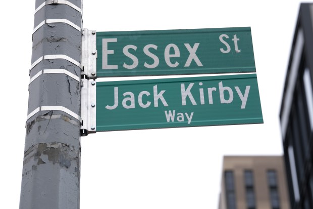 The new "Jack Kirby Way" sign hangs after a street renaming for Jack Kirby Way at Essex St. and Delancey St. Monday, May 11, 2026 in Manhattan, New York. (Barry Williams/ New York Daily News)