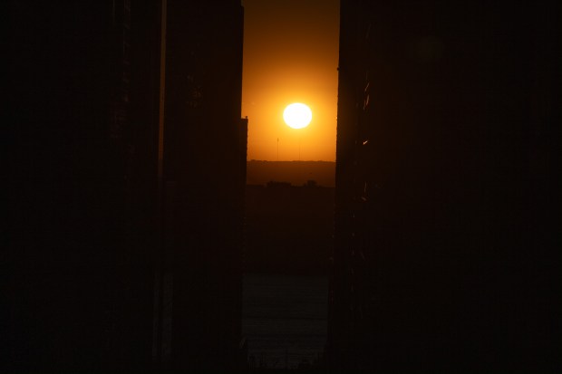 'Manhattanhenge' is pictured from One Times Square on Thursday, May 28, 2026, in Manhattan, New York. (Barry Williams / New York Daily News)
