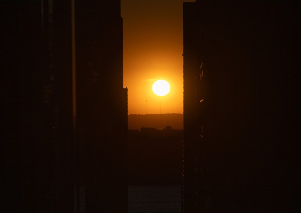 'Manhattanhenge' is pictured from One Times Square on Thursday, May 28, 2026, in Manhattan, New York. (Barry Williams / New York Daily News)