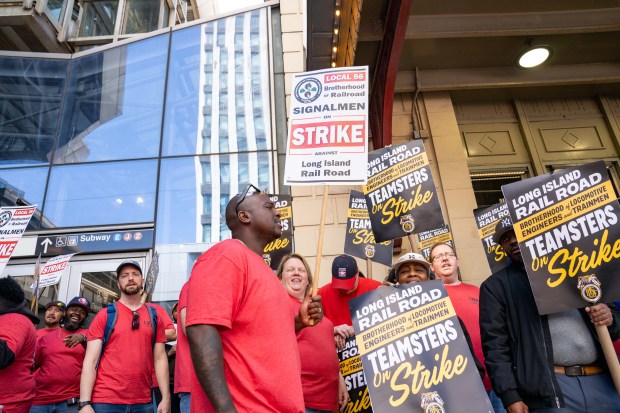 Long Island Rail Road workers on strike are seen here at Jamaica Station in Queens on Saturday May 16, 2026. 