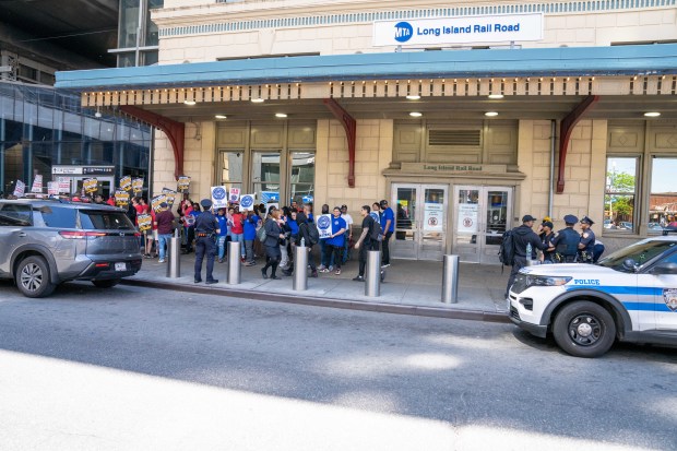 Long Island Rail Road workers on strike are seen here at Jamaica Station in Queens on Saturday May 16, 2026. 