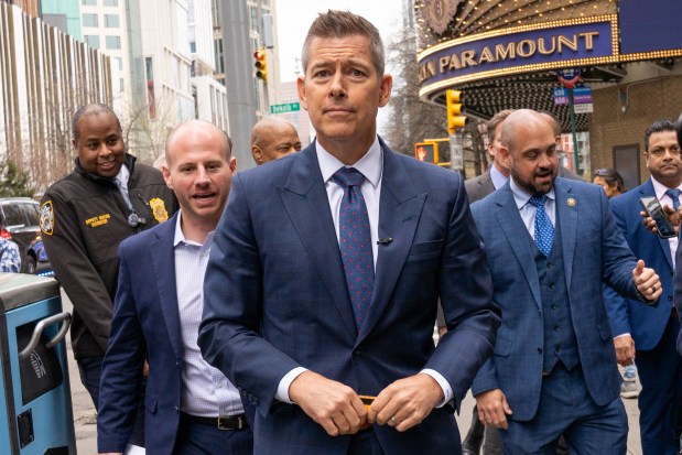 United States Transportation Secretary Sean Duffy joins New York City Mayor Eric Adams for a train ride into Manhattan from the Dekalb Ave-Flatbush Ave subway station in Brooklyn on Friday, April 4, 2025. (Theodore Parisienne / New York Daily News)