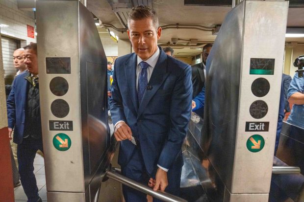 United States Transportation Secretary Sean Duffy enters the New York City subway system the Dekalb Ave-Flatbush Ave. train station in Brooklyn on Friday, April 4, 2025. (Theodore Parisienne / New York Daily News)