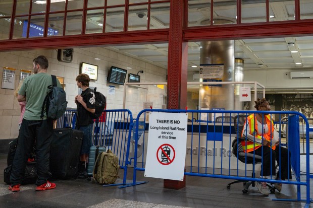 Long Island Rail Road workers on strike are seen here at Pennsylvania Station in Manhattan on Saturday May 16, 2026. 0943. (Theodore Parisienne / New York Daily News)