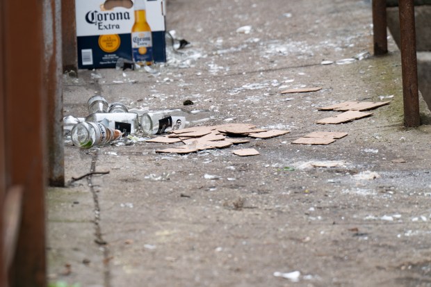 A 30yr old man was rushed to the Hospital after he was shot in the chest and lower back during a dispute inside the Mancoa Restaurant and Bar at 73-18 Northern Boulevard in Queens on Sunday May 10, 2026. 0734. The incident then spilled out to 74th Street, where numerous smashed beer bottles could be seen in an alleyway at the rear of the Restaurant, including the surrounding sidewalk and roadway, all the way up to 72nd Street and Northern Boulevard. (Theodore Parisienne / New York Daily News)