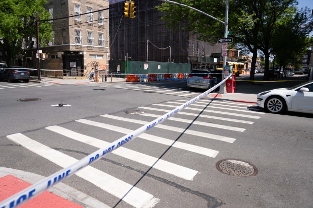 A 13-year-old boy suffered serious head injuries when he was struck by a blue Nissan Versa that was driving southbound on 15th Ave. at 38th St. in Brooklyn on Friday, May 8, 2026. (Theodore Parisienne / New York Daily News)