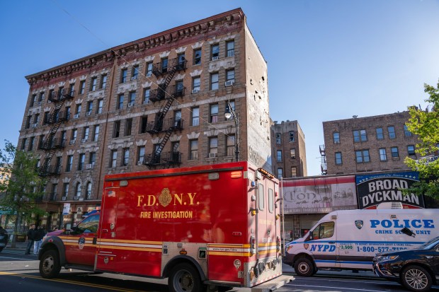 Two unidentified adult women and one unidentified adult male were pronounced dead on scene after a three-alarm fire tore through a six-story building at 207 Dyckman Street in Manhattan on Monday May 4, 2026. 0814. One Firefighter was transported to a Hospital suffering from smoke inhalation whilst eight other victims were taken to area Hospitals. (Theodore Parisienne / New York Daily News)