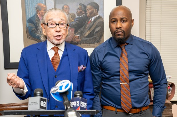 Tony Mizell (right) is pictured with his attorney, Sanford Rubenstein, in Brooklyn on Monday, May 11, 2026. (Theodore Parisienne / New York Daily News)