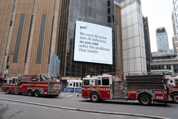 FDNY fire trucks are pictured outside Penn Station in Manhattan amid a two-alarm fire in the East River Tunnel between Manhattan and Queens on Thursday, May 14, 2026. 