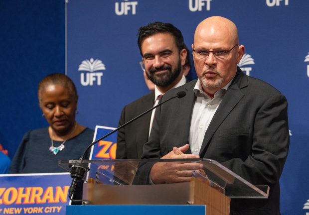 Michael Mulgrew, UFT president, is pictured during a press conference at UFT headquarters Wednesday, July 9, 2025, in Manhattan, New York. (Barry Williams/ New York Daily News)