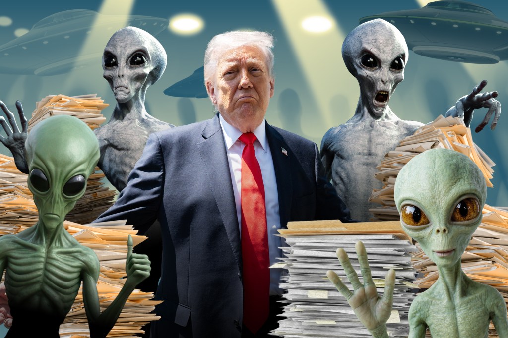 Illustration of Donald Trump surrounded by aliens and stacks of documents with UFOs in the background.