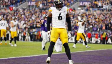 Dec 7, 2025; Baltimore, Maryland, USA; Pittsburgh Steelers linebacker Patrick Queen (6) reacts after a defensive stop against the Baltimore Ravens during the second half at M&T Bank Stadium.