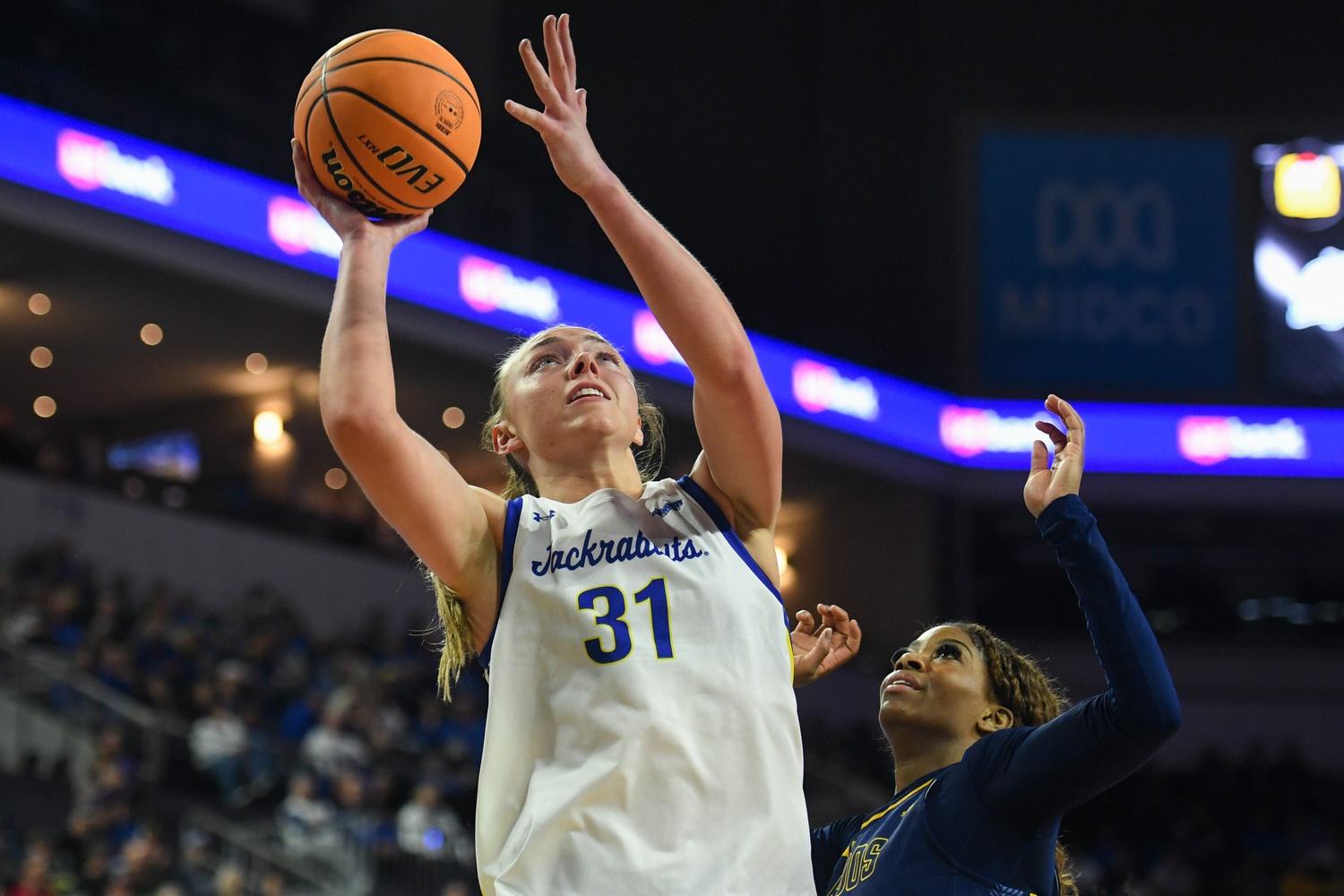 2026 WNBA draft snub and former women's ncaa basketball transfer portal candidate South Dakota State Jackrabbits forward Brooklyn Meyer (31) shoots the ball while playing against the Kansas City Roos during Summit League quarterfinals on Thursday, March 5, 2026, at Denny Sanford Premier Center in Sioux Falls, South Dakota.