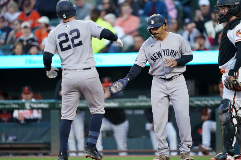 May 11, 2026; Baltimore, Maryland, USA; New York Yankees first baseman Ben Rice (22) greeted by outfielder Trent Grisham (12) following his two-run home run during the third inning against the Baltimore Orioles at Oriole Park at Camden Yards.