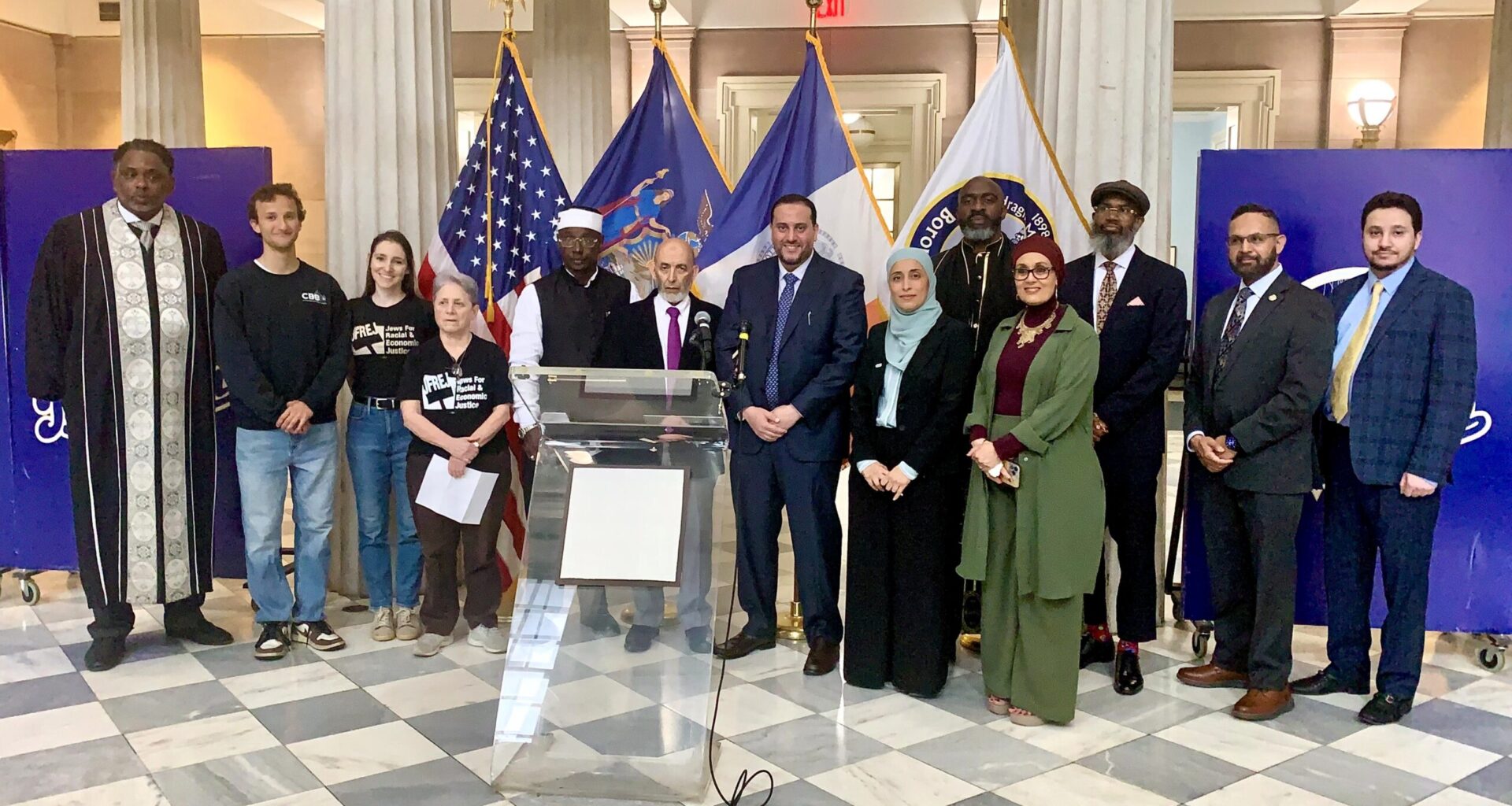 An interfaith group of religious leaders and officials gathered Thursday at Brooklyn Borough Hall to denounce Councilmember Inna Vernikov for what they called a blatantly anti-Muslim remark. Photo: Mary Frost/Brooklyn Eagle