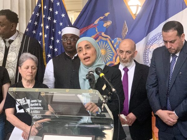 Center: Afaf Nasher, executive director of the New York Council on American-Islamic Relations. Photo: Mary Frost/Brooklyn Eagle
