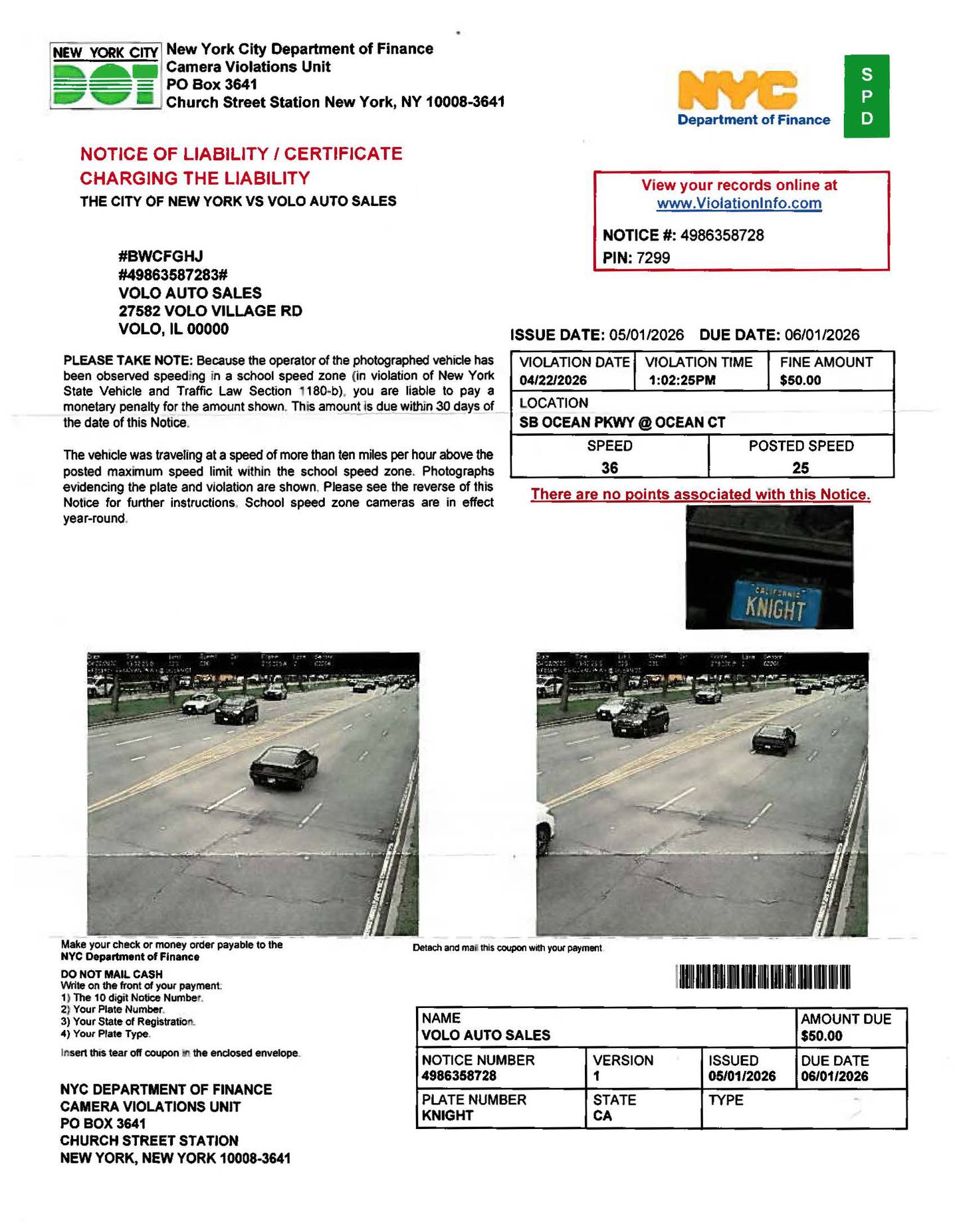 The Volo Museum received a $50 speeding ticket from New York City, accusing the iconic KITT car from the hit 1980s TV show “Knight Rider” of speeding through a school zone.