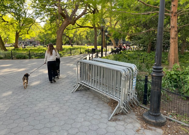 Barricades are pictured at an entrance to Washington Square Park in Greenwich Village, Manhattan, on Monday, May 4, 2026. (Lincoln Anderson / New York Daily News)