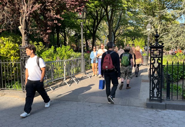 Barricades are pictured at an entrance to Washington Square Park in Greenwich Village, Manhattan, on Monday, May 4, 2026. (Lincoln Anderson / New York Daily News)