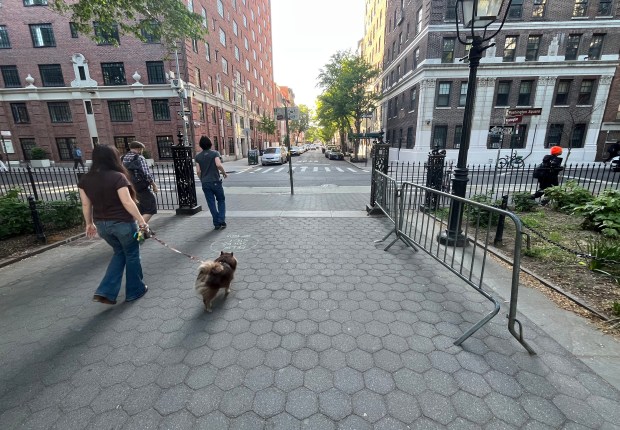 Barricades are pictured at an entrance to Washington Square Park in Greenwich Village, Manhattan, on Monday, May 4, 2026. (Lincoln Anderson / New York Daily News)