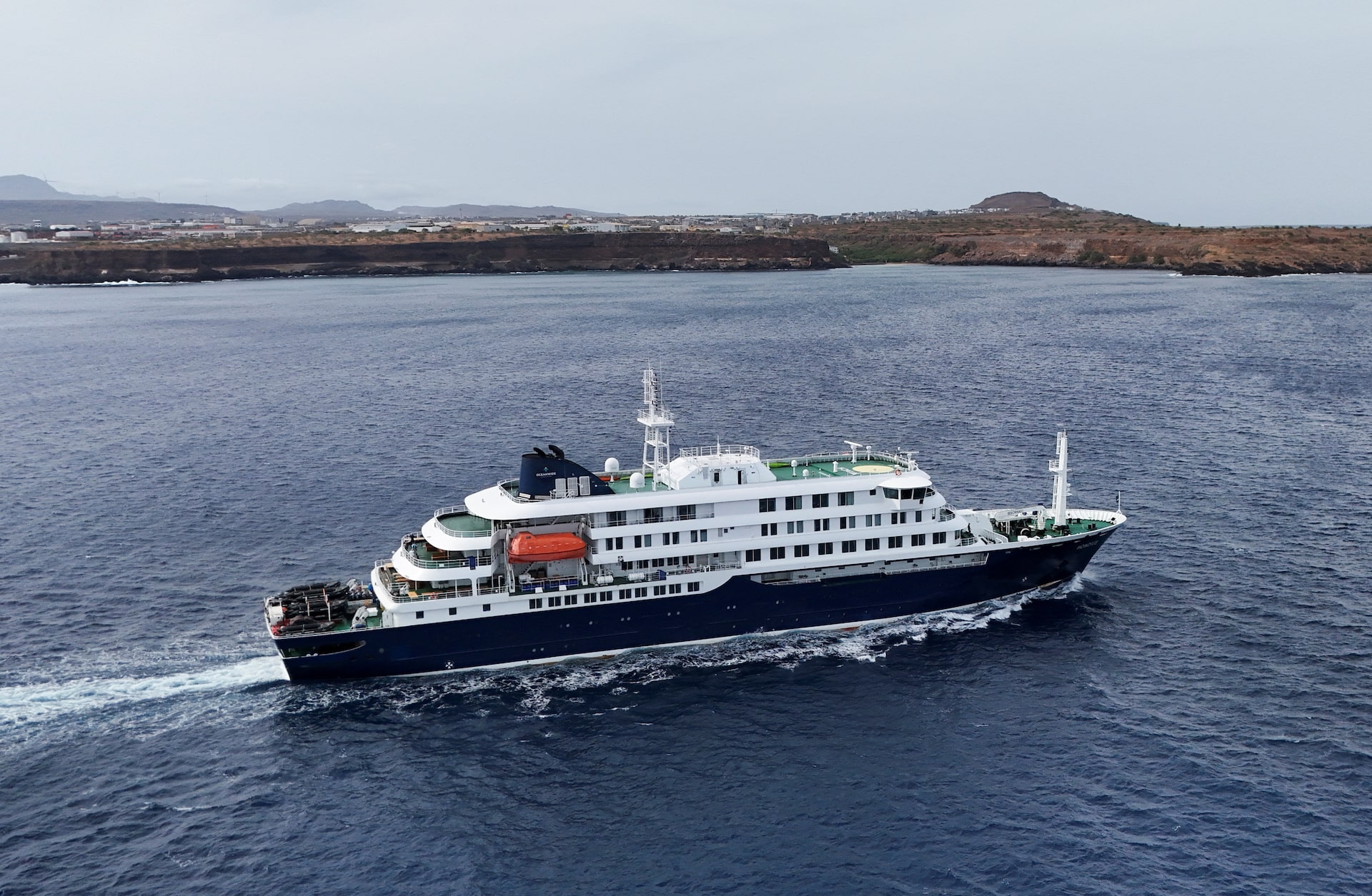 A drone view of the cruise ship MV Hondius, carrying passengers suspected of having cases of hantavirus on board, leaves Praia